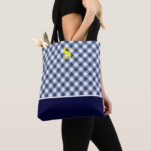 Klassiek blauw Gingham Monogram Tote Bag (Dichtbij)