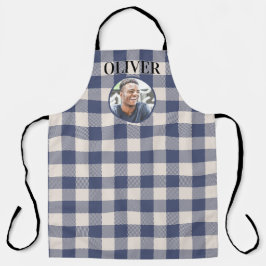 Klassiek Blauw Gingham Plaid Eigen Naam & Foto Schort