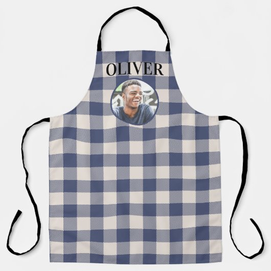 Klassiek Blauw Gingham Plaid Eigen Naam & Foto Schort (Voorkant)