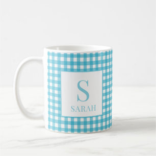 Klassiek Blauw Gingham Schotland Monogram Naam Koffiemok