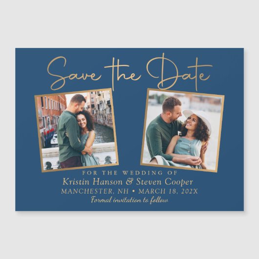 Klassiek blauw goud 2 Foto sparen de Datum Magnet (Voorkant)