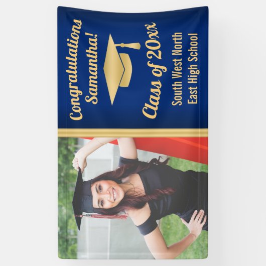 Klassiek blauw/goud aangepaste foto Afstuderen tek Spandoek (Verticaal)