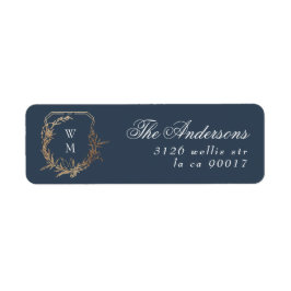 Klassiek Blauw Goud Botanisch Motief Monogram Cres Etiket