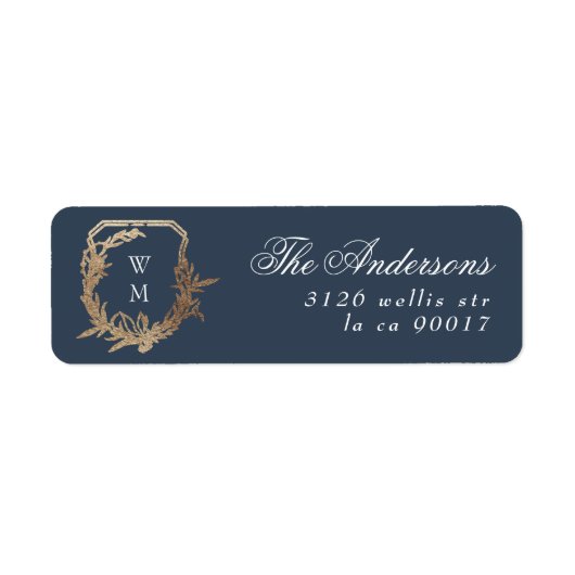 Klassiek Blauw Goud Botanisch Motief Monogram Cres Etiket (Voorkant)