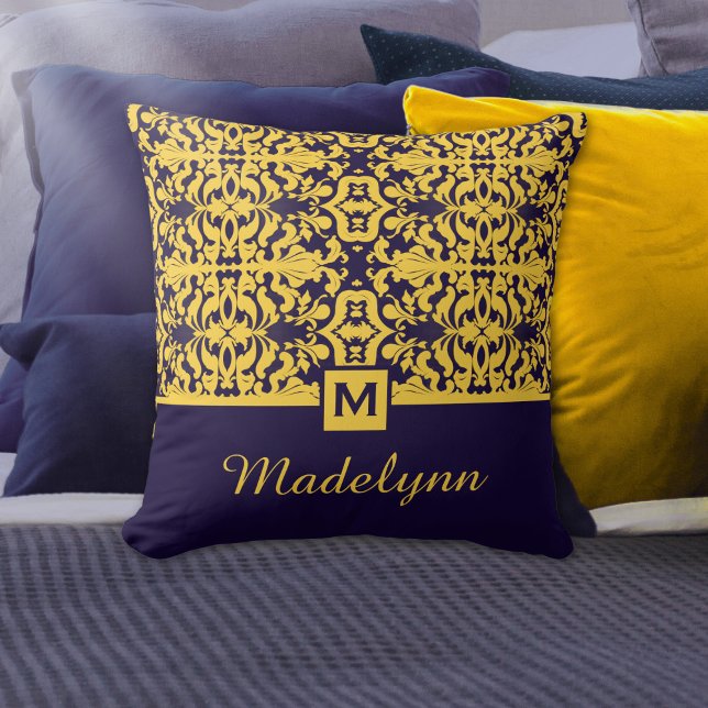 Klassiek blauw goud damast monogram kussen (Creator heeft geüpload)