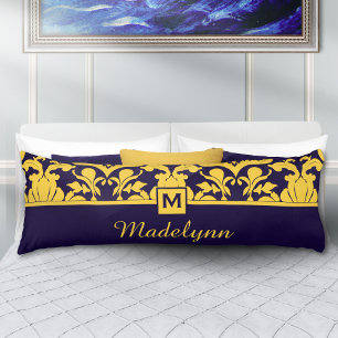 Klassiek blauw goud damast monogram lichaamskussen