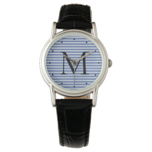 Klassiek blauw grijs en wit stripe monogram horloge