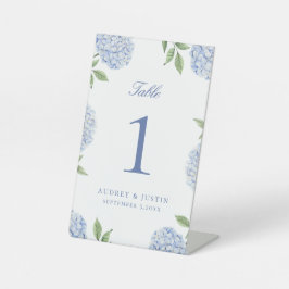 Klassiek Blauw Hortensia Bloem Tafelnummer Reclamebord Met Voetstuk
