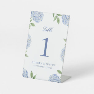 Klassiek Blauw Hortensia Bloem Tafelnummer Reclamebord Met Voetstuk