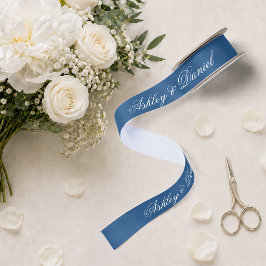 Klassiek Blauw Huwelijk Elegant Schrift Calligrafi Satijnen Lint