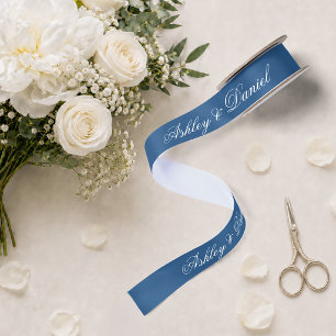 Klassiek Blauw Huwelijk Elegant Schrift Calligrafi Satijnen Lint