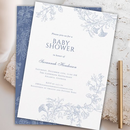 Klassiek blauw lijn getekend bloemig Baby shower Kaart