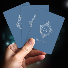 Klassiek Blauw Monogram & Naam Elegant Vintage Wap Pokerkaarten