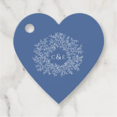 Klassiek blauw monogram wit custom bruiloft hart bedankjes labels (Voorkant)