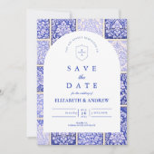 Klassiek Blauw Porselein Patchwork Bruiloft Save The Date (Voorkant)
