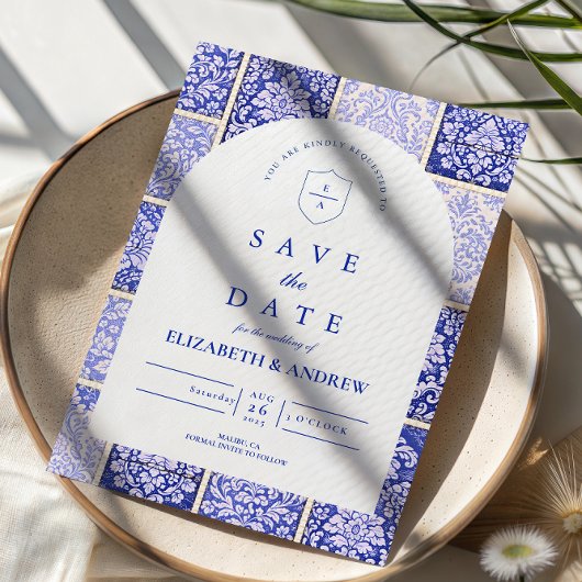 Klassiek Blauw Porselein Patchwork Bruiloft Save The Date