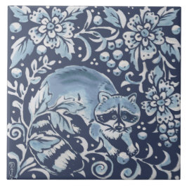 Klassiek blauw  Raccoon Forest Floral Tegeltje