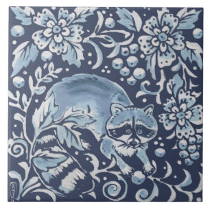 Klassiek blauw  Raccoon Forest Floral Tegeltje