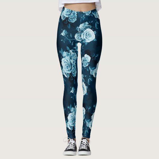 Klassiek blauw Roos patroon Leggings (Voorkant)