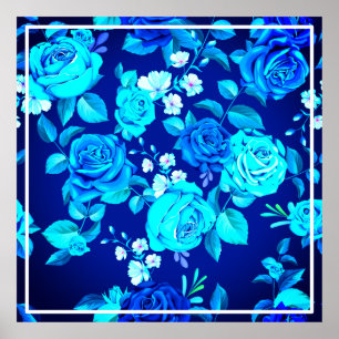Klassiek Blauw Rozen Bloemen Patroon-87600 Poster