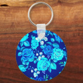 Klassiek Blauw Rozen Bloemen Patroon-87600 Sleutelhanger (Voorkant)