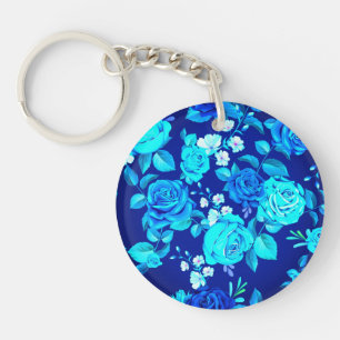 Klassiek Blauw Rozen Bloemen Patroon-87600 Sleutelhanger