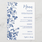 Klassiek Blauw Toile Botanisch Trouw Dinner Menu (Voorkant)