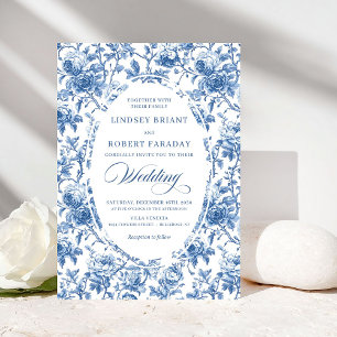 Klassiek Blauw Toile de Jouy Rozen Tijdloze Trouw Kaart