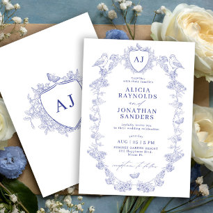 Klassiek blauw toile de jouy trouwmonogram kaart