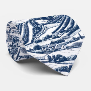 Klassiek Blauw Toile Landelijk Landschap Vintage C Stropdas