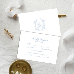 Klassiek Blauw Trouwmonogram Crest-reactiekaart RSVP Kaartje