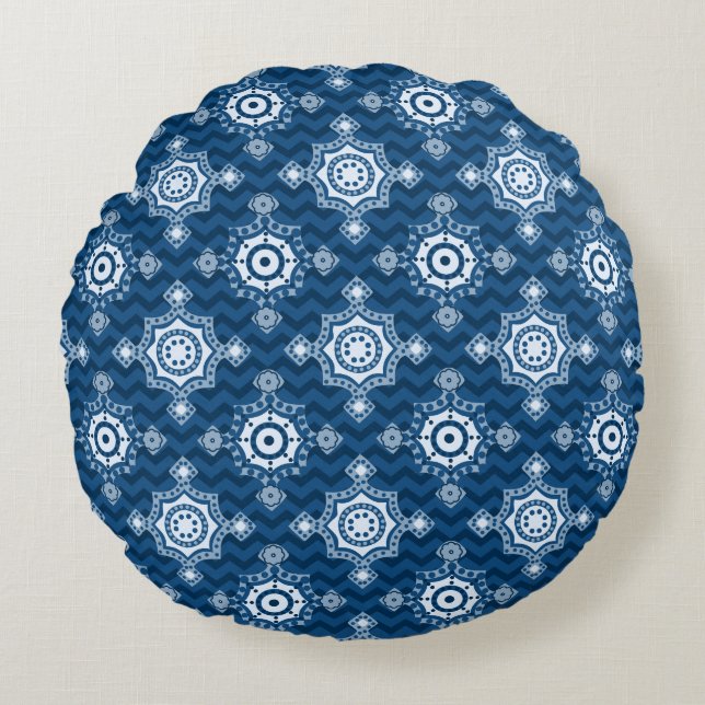 Klassiek blauw | Twee Design Boho Style Rond Kussen (Voorkant)