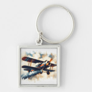 Klassiek Blauw Vintage Tweedekker Olie Schilderij Sleutelhanger