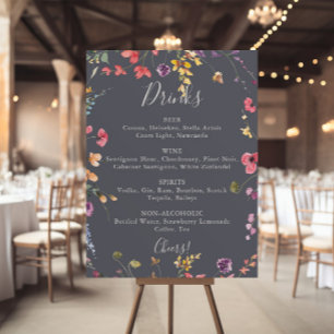 Klassiek Blauw Wilde Bloemen Bruiloft Dranken Menu Poster