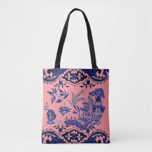 Klassiek blauw Willow-ontwerp op koraalroze Tote Bag