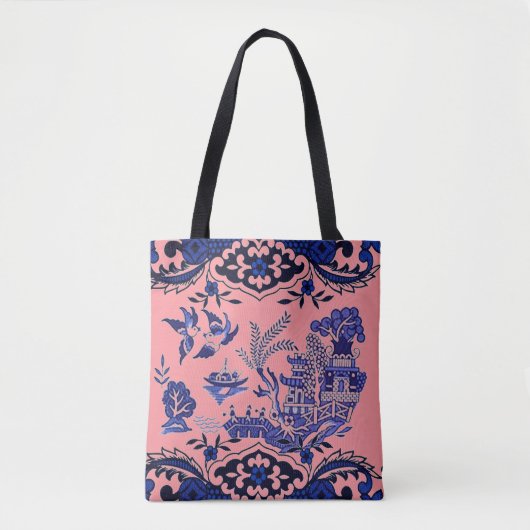 Klassiek blauw Willow-ontwerp op koraalroze Tote Bag (Voorkant)
