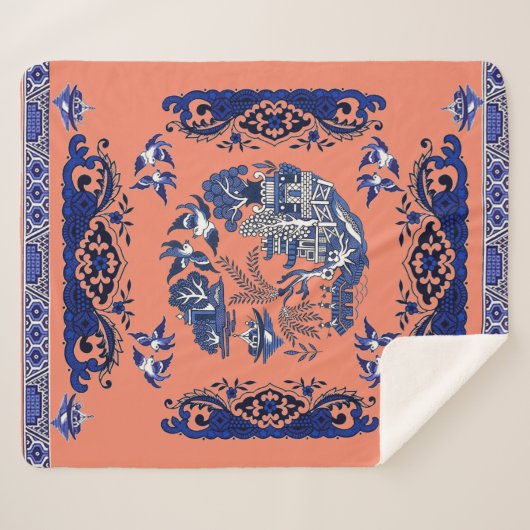 Klassiek blauw Willow-ontwerp Sherpa Deken (Voorkant (horizontaal))