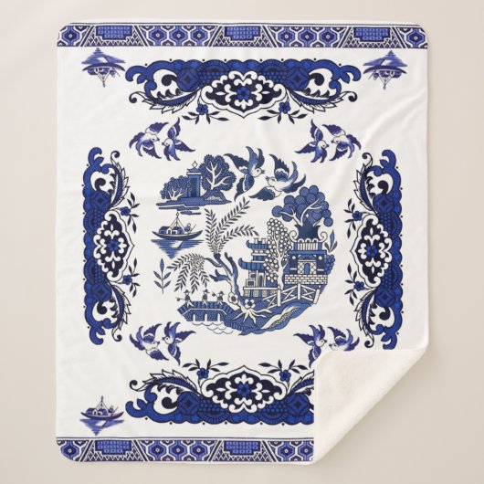 Klassiek blauw Willow-ontwerp Sherpa Deken (Voorkant)