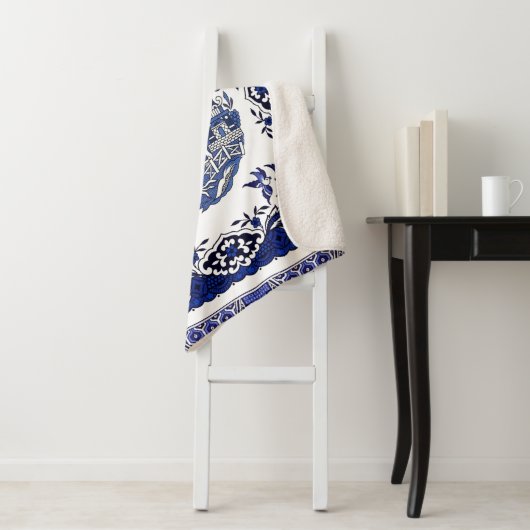 Klassiek blauw Willow-ontwerp Sherpa Deken (In situ)