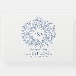 Klassiek blauw wit blad monogram kunst bruiloft gastenboek