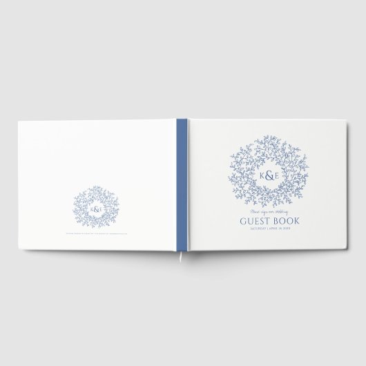 Klassiek blauw wit blad monogram kunst bruiloft gastenboek (Volledig)