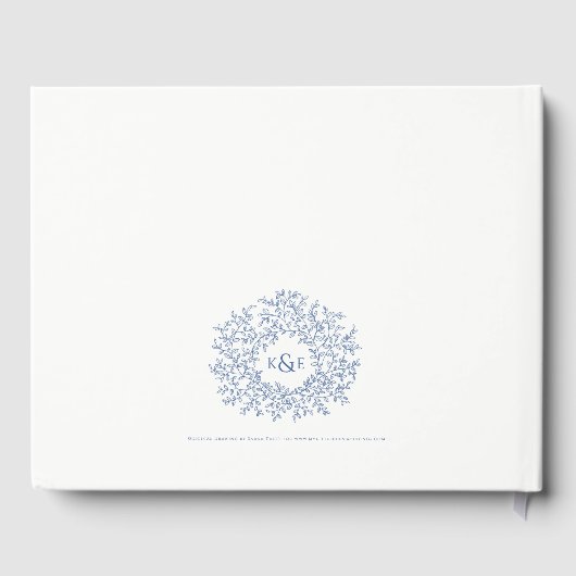 Klassiek blauw wit blad monogram kunst bruiloft gastenboek (Achterkant)