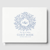 Klassiek blauw wit blad monogram kunst bruiloft gastenboek (Voorkant)