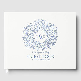 Klassiek blauw wit blad monogram kunst bruiloft gastenboek