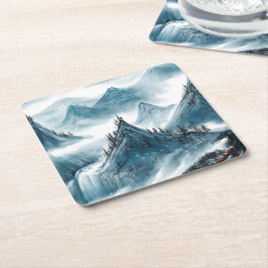 Klassiek blauw wit Chinoiserie berglandschap Kartonnen Onderzetters (Schuin)