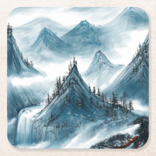 Klassiek blauw wit Chinoiserie berglandschap Kartonnen Onderzetters (Voorkant)