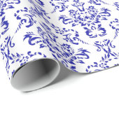 Klassiek  blauw/wit Floral Damask Patroon Cadeaupapier (Rol Hoek)
