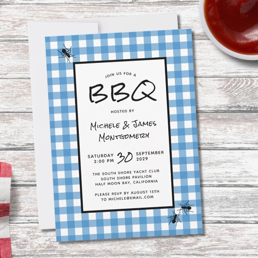 Klassiek Blauw Wit Gingham Mieren BBQ Picknick Fee Kaart