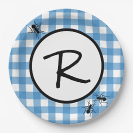 Klassiek Blauw Wit Gingham Mieren BBQ Picknick Fee Papieren Bordje