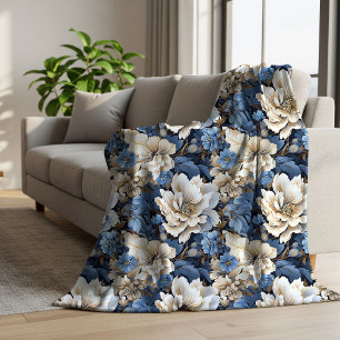 Klassiek Blauw Wit Ivoor Bloem Motief Warm Sherpa Deken